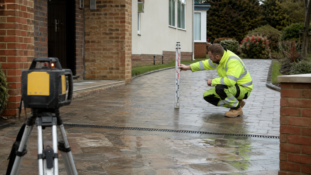 Diagnosing Driveway Drainage with Laser Level