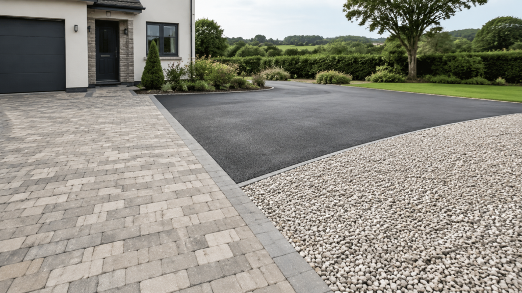 Three driveway finishes at one home