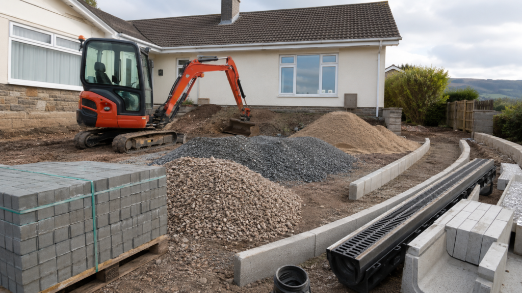 Organized driveway installation materials and mini excavator