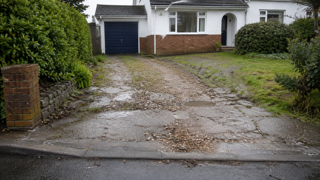 Existing uneven driveway at a Newton Abbot home before permeable paving and drainage work