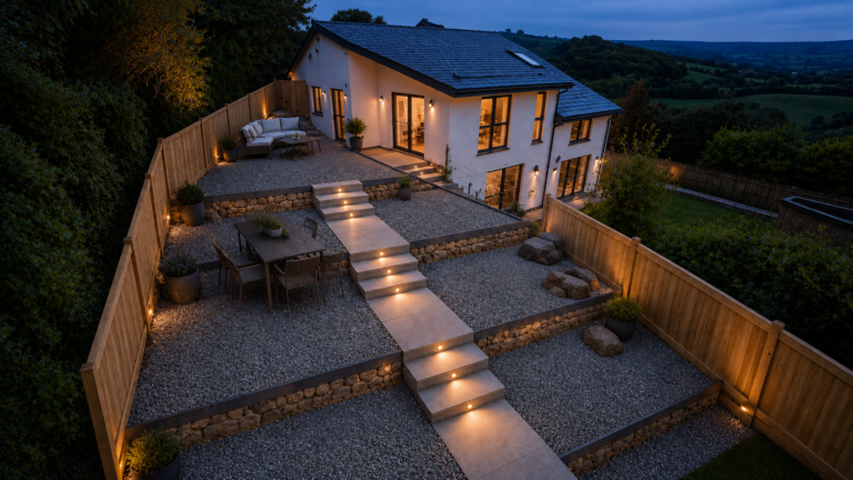 Blue-hour tiered garden with glowing steps