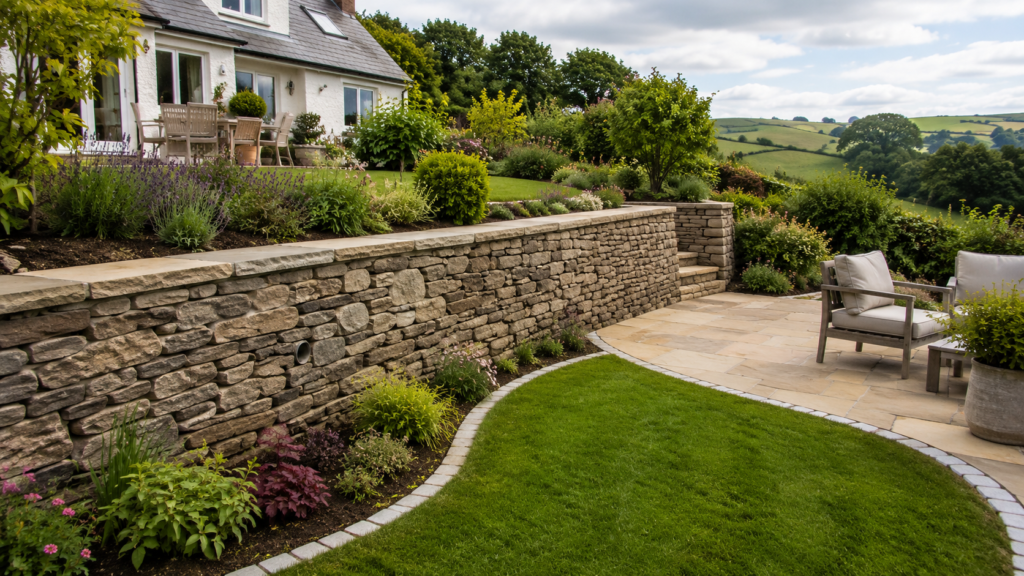 Natural stone retaining wall and garden edging in a landscaped South Devon garden.