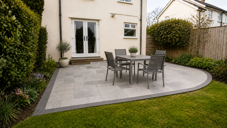 Finished patterned patio with outdoor dining
