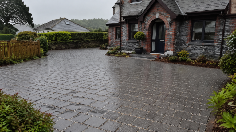 Permeable driveway in gentle rain