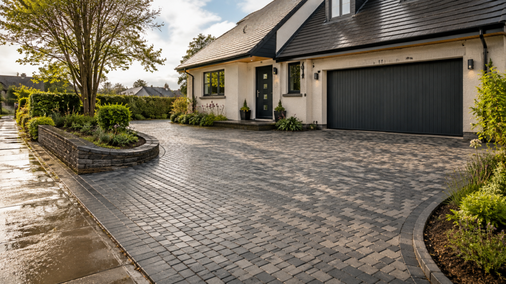 Completed permeable block paving driveway with neat edging at a South Devon home