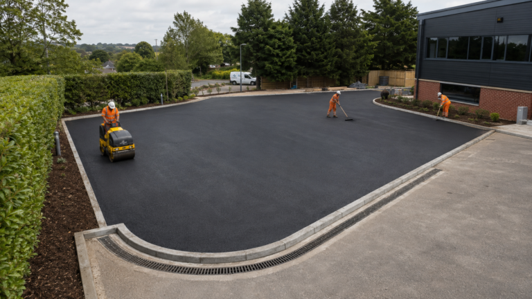Commercial tarmac car park resurfacing nearing completion near Exeter