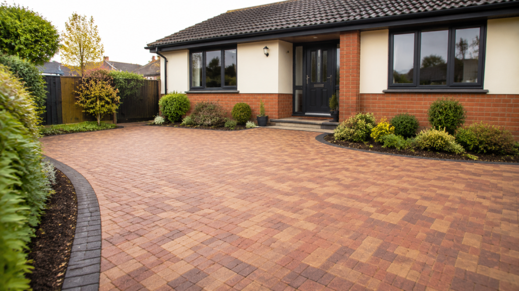 Completed block-paved bungalow driveway