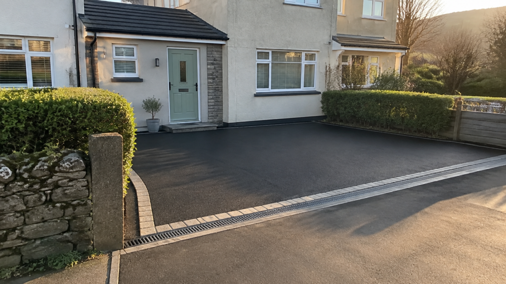 Black tarmac driveway with pale-grey edging