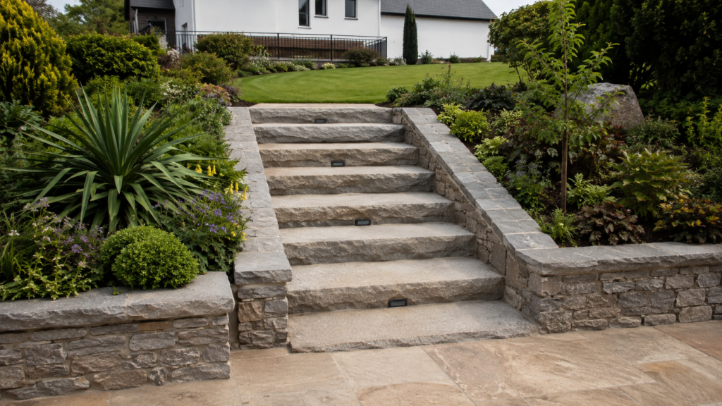 Granite garden steps with lush planting
